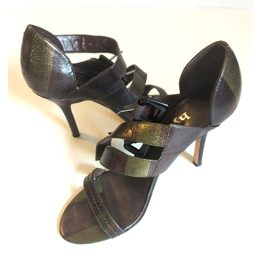 HYPE Blanca Heeled Sandals 6.5 Brown Green Leather Embossed Snake Lucite Buckle